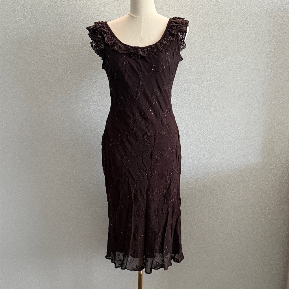 Vintage Majick Brown Beaded Midi Dress Size M
